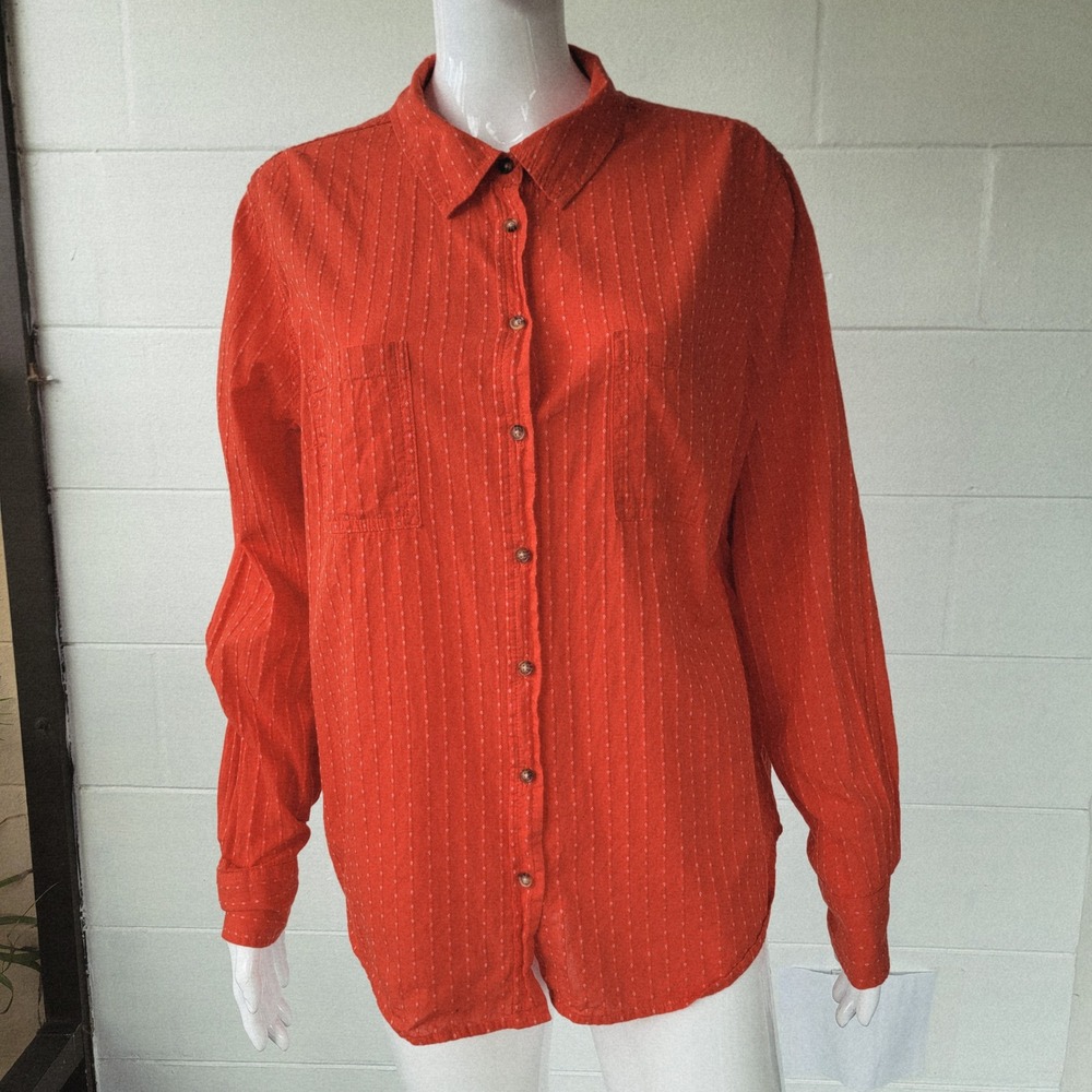 Merona Button Down Shirt Orange Women XXL Preppy Striped Casual Cotton Plus Size